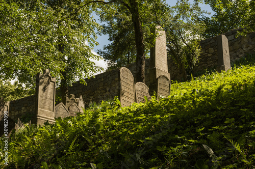 UNESCO protected Jewish Cemetery of Trebic, Czech Republic with old Hebrew carved tomb stones.