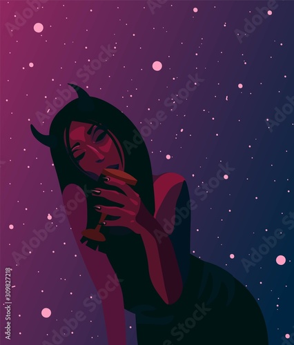 Beautiful demon girl with red devil skin holding a glass of wine. Succubus creature under the starry night sky flat illustration