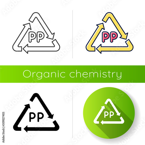 PP symbol icon. Thermoplastic polymer marking. Resin identification code. Arrow triangle. Organic chemistry. Flat design  linear  black and color styles. Isolated vector illustrations