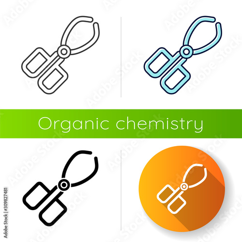 Crucible tongs icon. Surgeon equipment. Stainless steel lab instrument. Beaker pliers. Forceps clamp. Organic chemistry. Flat design, linear, black and color styles. Isolated vector illustrations