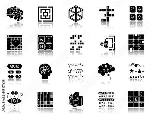 Puzzles and riddles drop shadow black glyph icons set. Mental exercise. Challenge. Language, vocabulary test. Brain teaser. Problem solving. Solution finding. Isolated vector illustrations