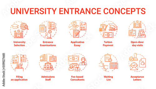 University entrance concept icons set. Academy selection, preparation of documents, exams and admission idea thin line illustrations. Vector isolated outline drawings