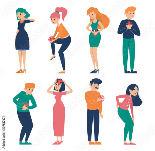 People feel pain in different parts of body set vector isolated