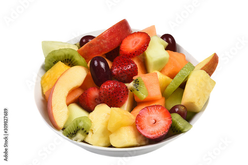 A bowl of fresh cut mixed fruits. Isolated on white fruit includes, Strawberry, Pineapple, Apple, Cantaloupe, Honeydew Melon, Kiwi and Grapes.