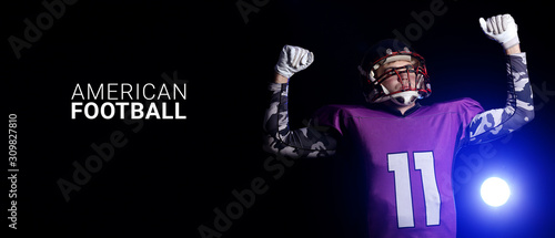 Happy player and text AMERICAN FOOTBALL on dark background