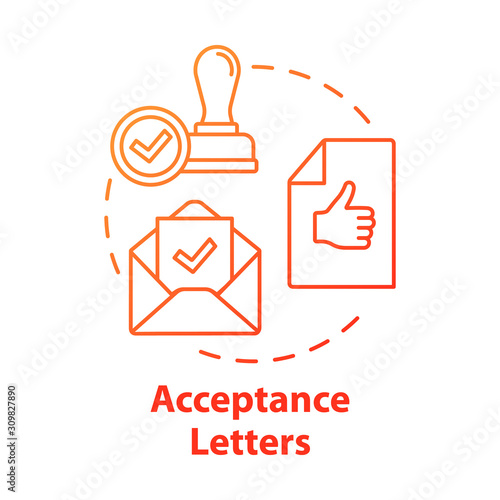 Acceptance letters concept icon. Envelope with approved document. Mailing acceptance letters. Successful verification idea thin line illustration. Vector isolated outline drawing