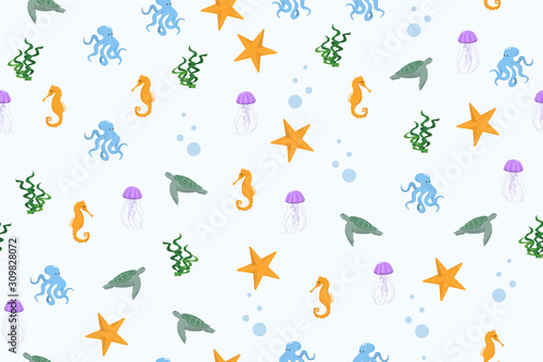 Underwater creature seamless vector pattern. Colorful cartoon