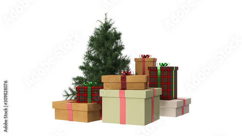 Group of Realistic 3D Colorful Gifts with tree with Colorful Ribbons Wrap with checkered Pattern for Birthday or Christmas Celebration in White Background. 3d rendering