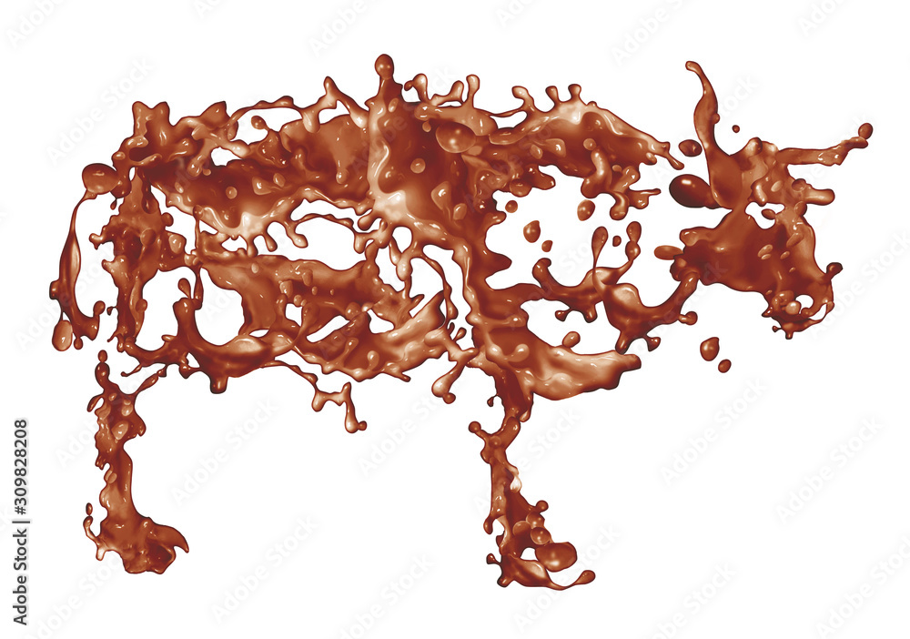 giclé de chocolat au lait en forme de vache, taureau, lait, production laitière, création, vache laitière, forme, liquide, calcium, ferme, de profile, 3d, entrelacé, fond blanc, clapoter, lait, liquid giclé de chocolat au lait en forme de vache, taureau, lait, production laitière, création, vache laitière, forme, liquide, calcium, ferme, de profile, 3d, entrelacé, fond blanc, clapoter, lait, liquid