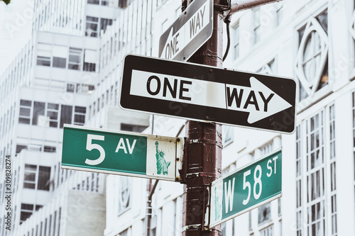 Nyc Street signal. 5th Ave. with 58th St, and Liberty Statue picture. Travel and transportation concept. New York City. United States.