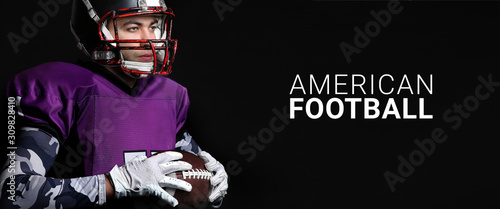 Handsome player and text AMERICAN FOOTBALL on dark background