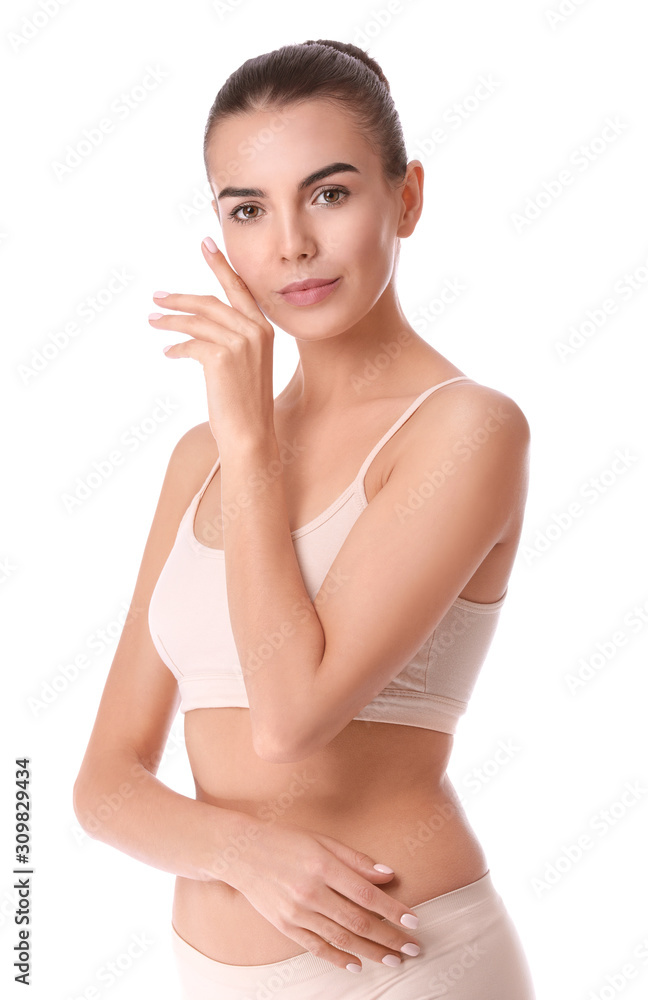 Beautiful young woman in underwear on white background Beautiful young woman in underwear on white background