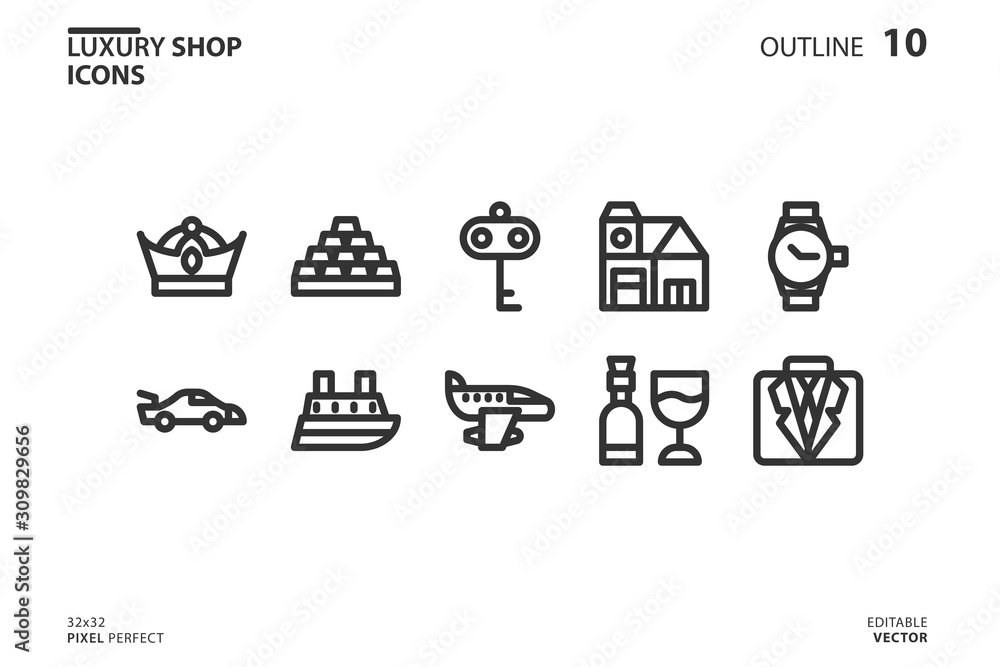 10 Icon collection of  Luxury Shop in outline style. vector illustration and editable stroke. Isolated on white background.