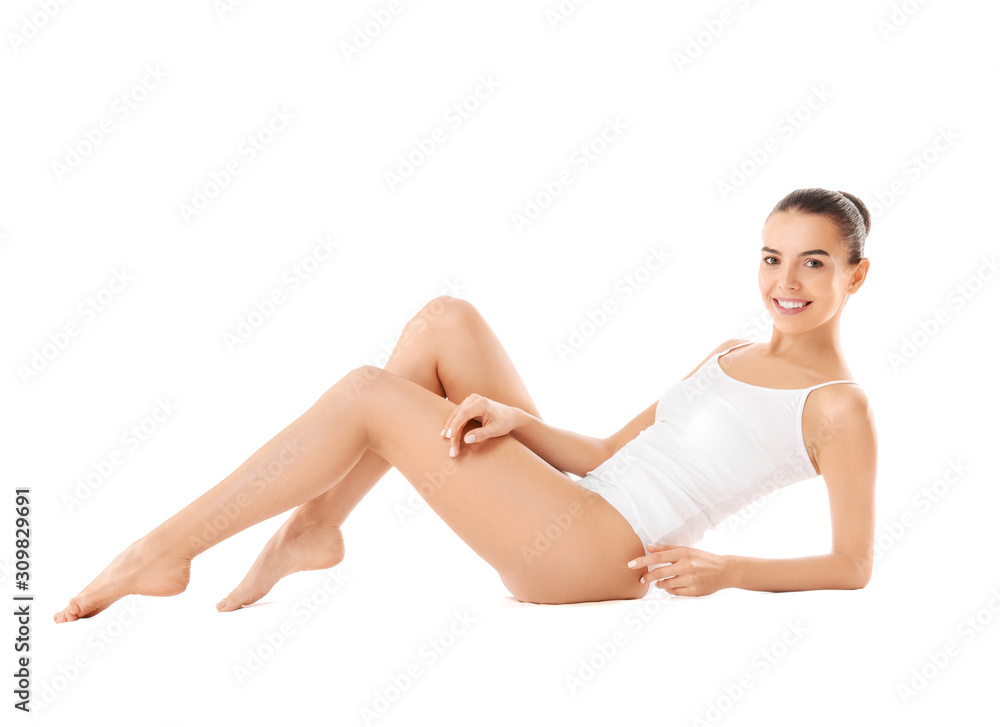 Beautiful young woman in underwear on white background Beautiful young woman in underwear on white background