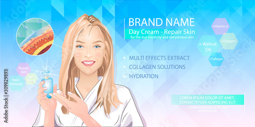Advertising, promo banner layout, poster moisturizing face cream on a light blue background. Girl with radiant skin, anatomy and structure of the skin. Vector