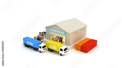 Online delivery service concept, online order tracking. Delivery home and office. City logistics. Warehouse, truck, forklift, courier, delivery man, on mobile.