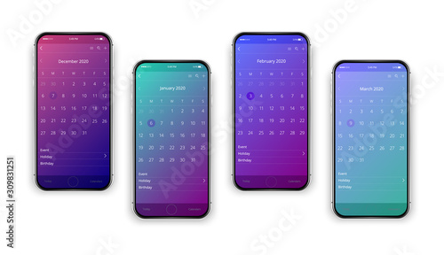 Smartphone, mobile phone isolated, realistic vector cell phone. Silver smartphone. Mobile application. Calendar 2020.