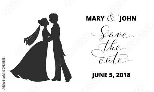 Save the date card with bride and groom silhouettes and hand written custom calligraphy