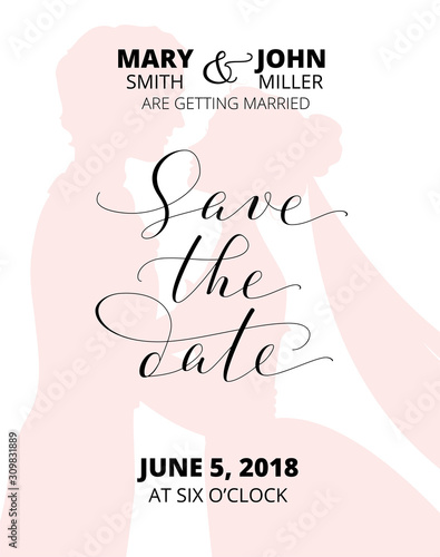 Save the date card with bride and groom silhouettes and hand written custom calligraphy
