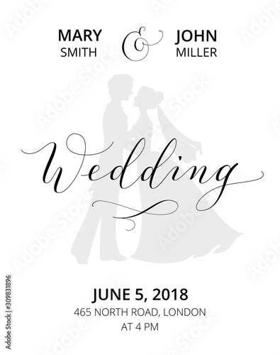 Wedding invitation with bride and groom silhouettes and hand written custom calligraphy.