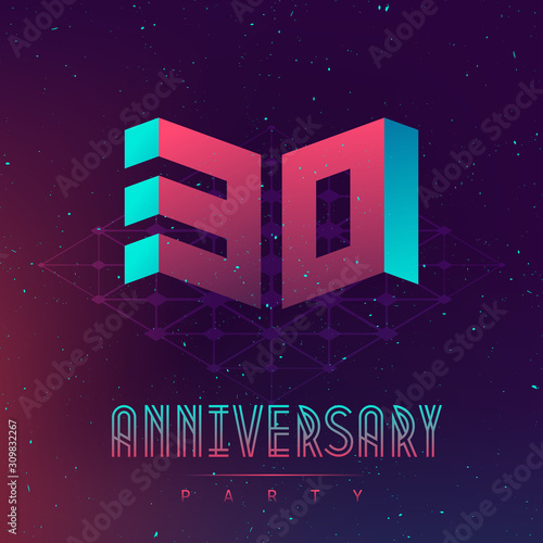 30 Anniversary night party - Electronic music fest and electro space poster. Music background with Abstract gradients. Club party invitation flyer with number Thirty. Vector.