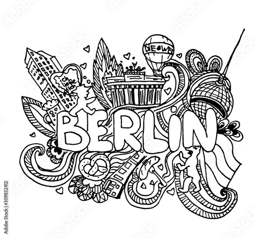 Photography Hand drawn cartoon doodle set Berlin inscription.