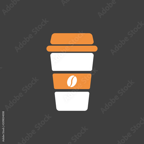 Vector illustration disposable coffee cup icon with coffee beans on black background. Coffee cup logo