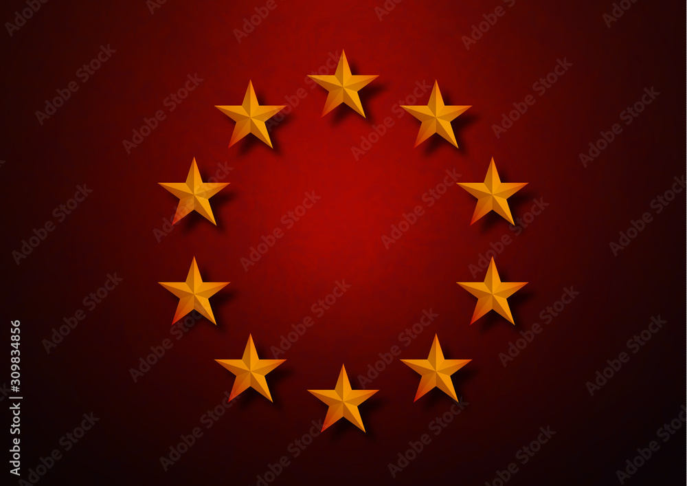 Golden stars in a circle on a colored background with texture. Template for your design.