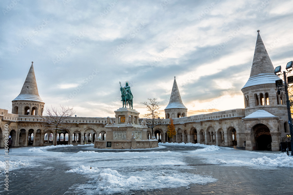  Fisherman's Bastion in early winter morning, snow-covered streets of Budapest