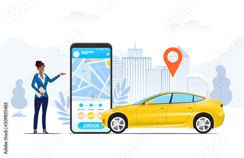Ride hailing app on a mobile phone in a city with location markers and an African lady or businesswoman ordering a yellow car, vector illustration