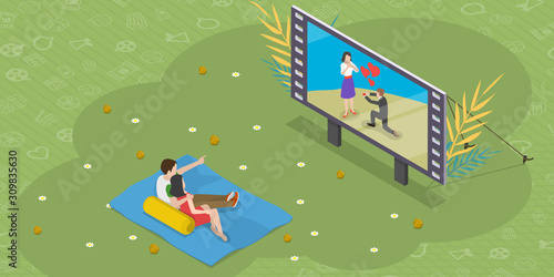 Isometric flat vector concept of outdoor cinema theatre, open air movie watching, romantic movie night.