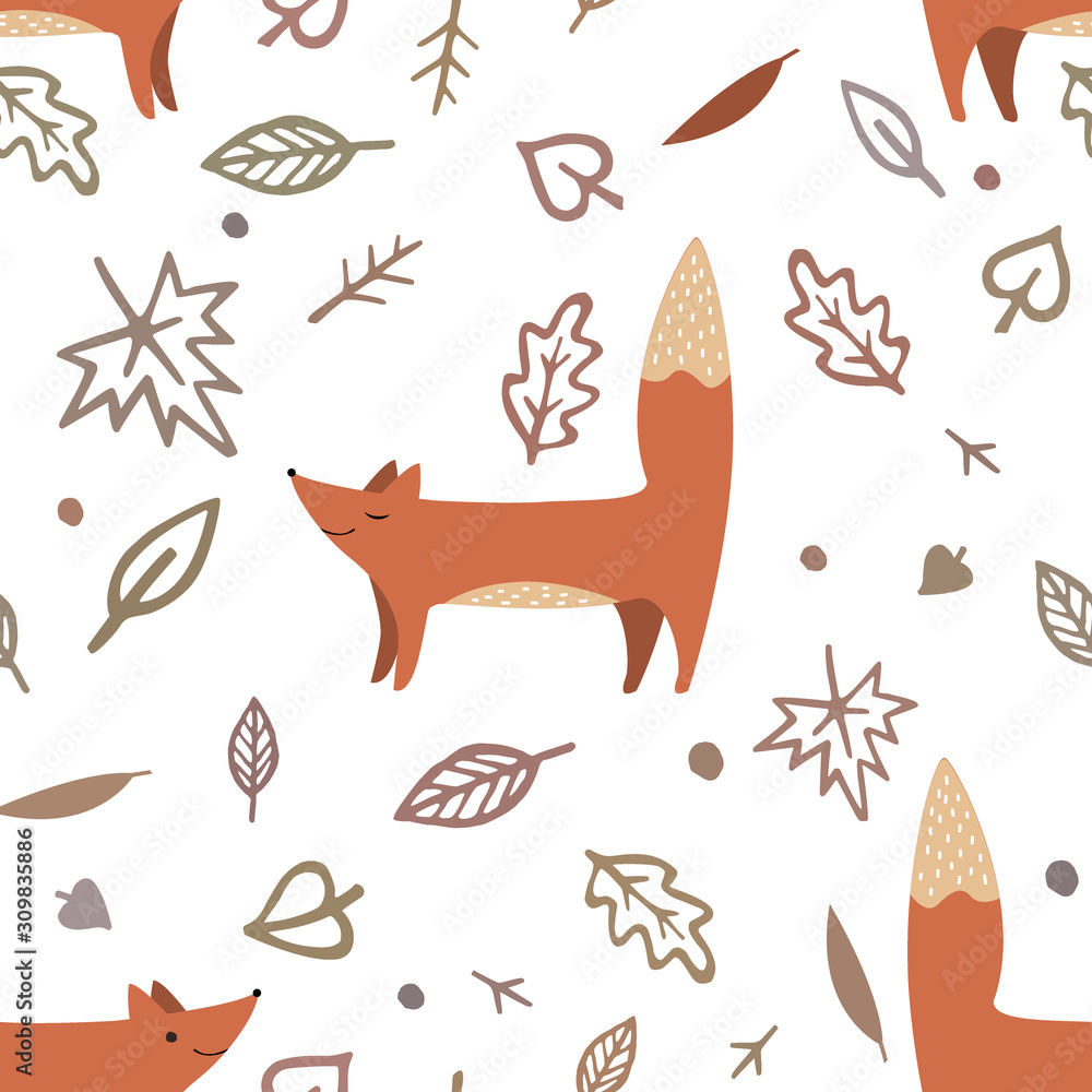 Lovely seamless pattern with cute foxes and autumn leaves. Awesome forest background in bright colors in vector