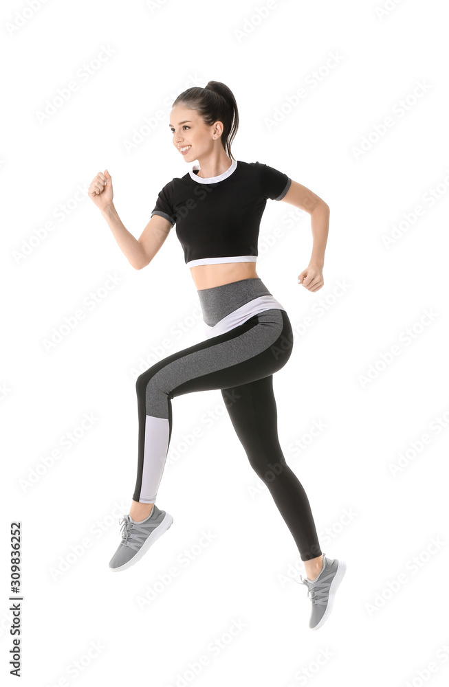 Sporty running young woman against white background Sporty running young woman against white background