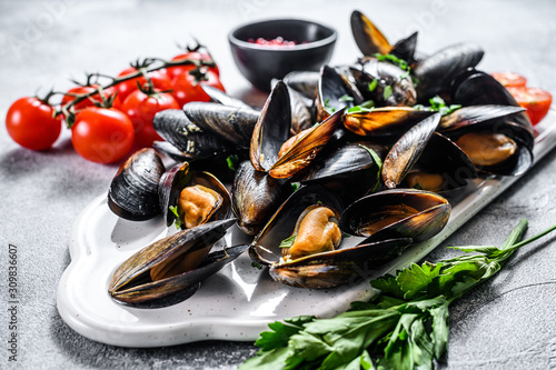 Raw mussels in shells on a chopping Board. The concept of cooking seafood in tomato sauce with parsley. Gray background. Top view