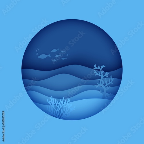 View of the underwater world through the porthole of a submarine in paper cut style. Vector papercut wave, tropical marine life in round frame. Craft underwater ocean diving concept. World Ocean Day.