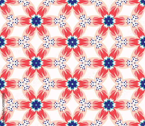 Bold Vector Summer Daisy Flower Background. Classic Blue Red on White. Modern Geometric Floral Seamless Pattern. Kaleidoscope Flourish Motif. Bright Decorative Textile. All Over Print Eps 10 Tile
