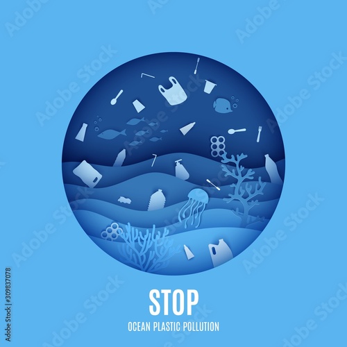 World Ocean Day, stop ocean plastic pollution banner. View of the underwater world through the porthole of a submarine in paper cut style. Vector papercut wave, tropical marine life in round frame