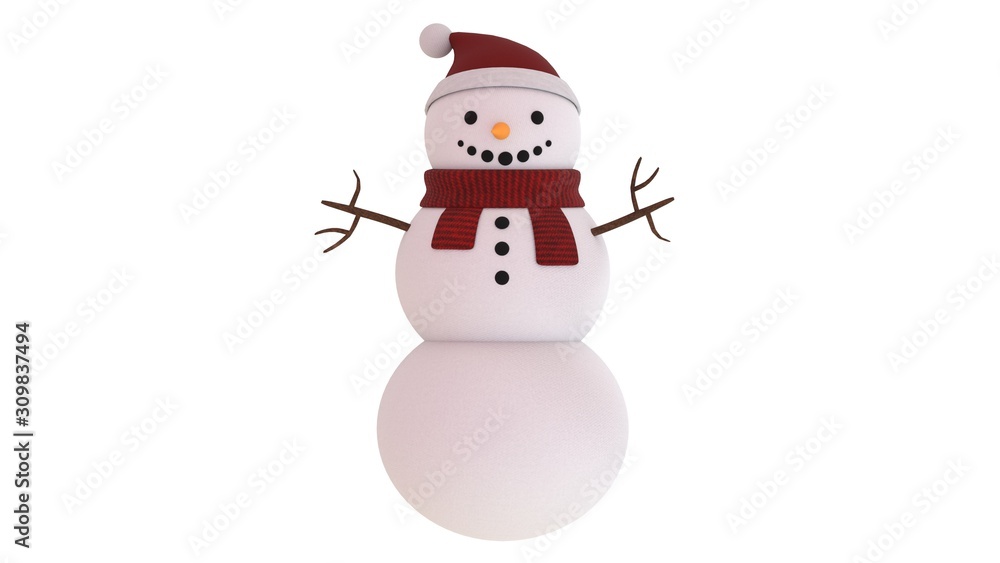Snowman isolated on white background, with a scarf, 3D-rendering