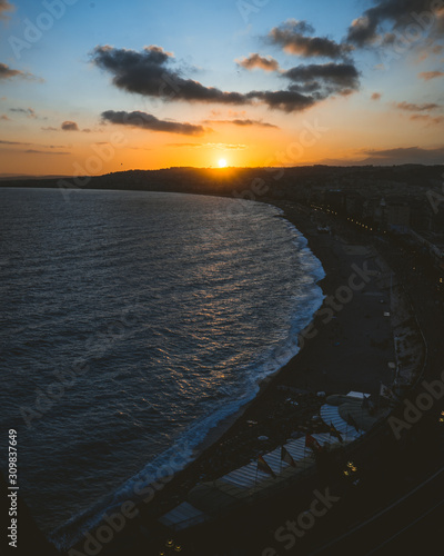 Beautiful sunset on Mediterranean sea  Cote d Azur  France. Epic twilight landscape. Traveling.