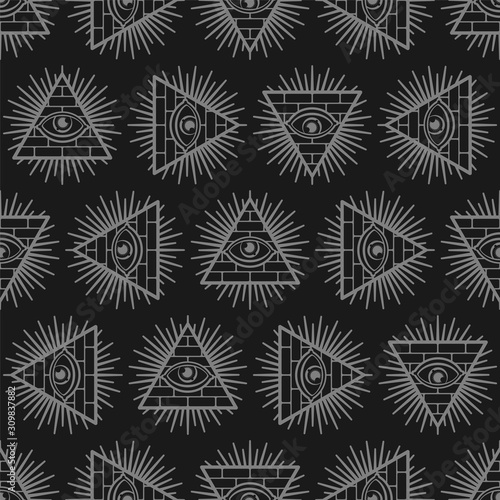 All-seeing eye background. Pyramid with an eye pattern seamless. Symbol of world government. Illuminati conspiracy theory texture. sacred sign ornament