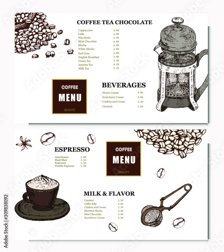 Coffee illustration. Hand drawn vector banner. Coffee beans, teapot, bag, Menu