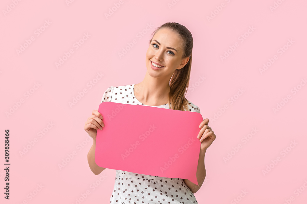 Young woman with blank speech bubble on color background Young woman with blank speech bubble on color background