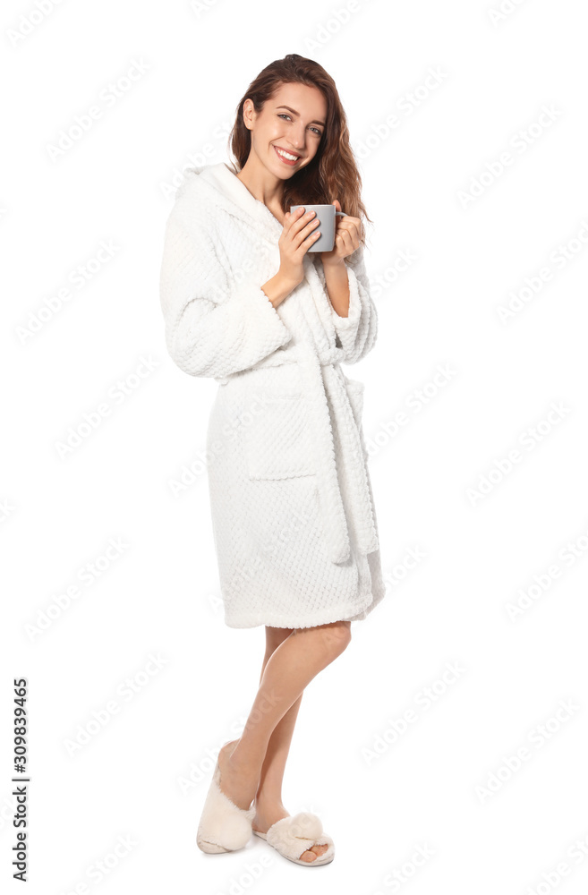 Beautiful woman with cup of coffee wearing bathrobe on white background Beautiful woman with cup of coffee wearing bathrobe on white background
