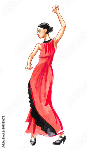 Beautiful Flamenco dancer in red dress. Ink and watercolor illustration