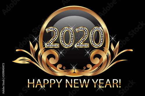 Happy new year 2020 gold floral background vector