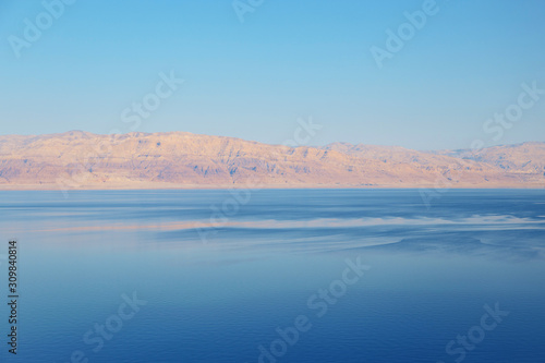 Beautiful view of salty Dead Sea shore with clear water. Israel.