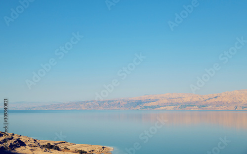 Beautiful view of salty Dead Sea shore with clear water. Israel. © Androlia