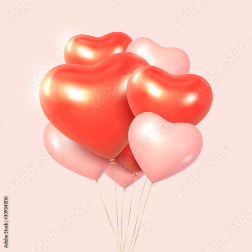 Balloon hearts composition. 14 February festive background. Happy Valentine's Day greeting card. Eps10 vector. 