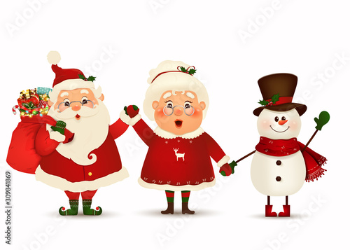 Happy Christmas companions. Vector cartoon character of Santa Claus, funny snowman and his wife isolated. Christmas family celebrate winter holidays. Cute, funny Santa Claus with Mrs. Claus greeting