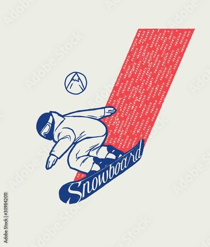 Snowboarder riding down fast. Modern style winter sports print.